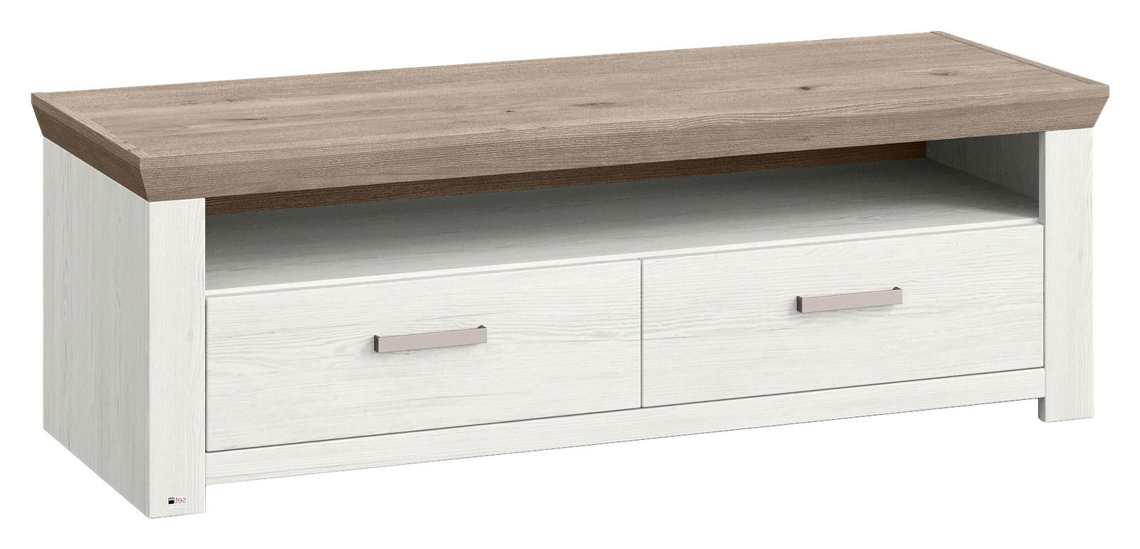 Lowboard in Holzoptik mit zwei Schubladen und offenem Fach, seitliche Perspektive