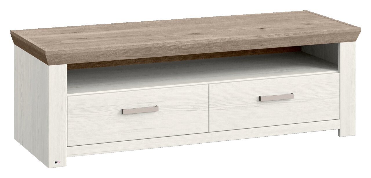 Lowboard in Holzoptik mit zwei Schubladen und offenem Fach, seitliche Perspektive