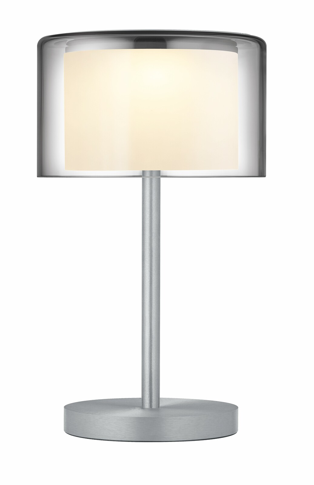 Moderne Akku-Tischleuchte GRAND SMOKE mit rauchgrauem Schirm und silbernem Standfuß, Frontalansicht