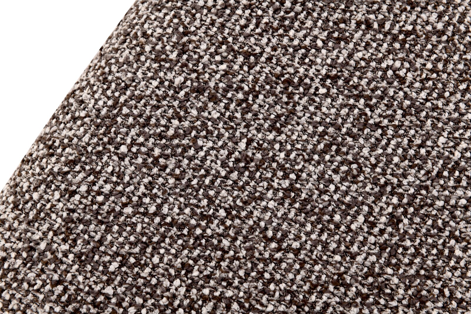 Nahaufnahme/Detailansicht von grob gewebtem Polsterstoff in melierter Optik (Braun, Beige und Weiß), schräg von oben fotografiert