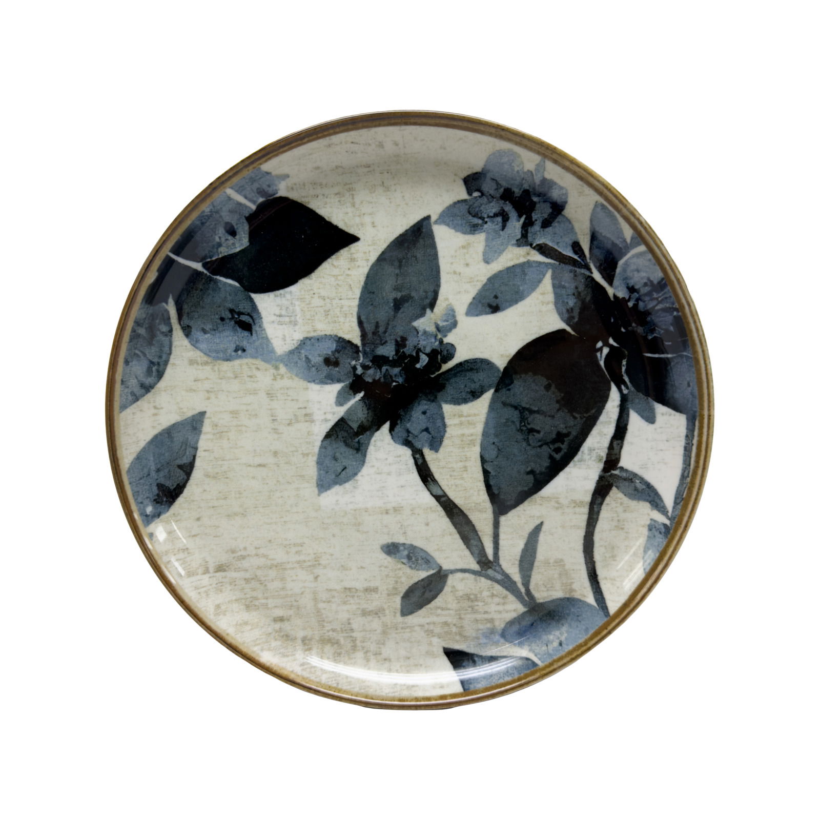 Runde Porzellanplatte mit floralem Muster in Blau- und Grautönen, von oben betrachtet.