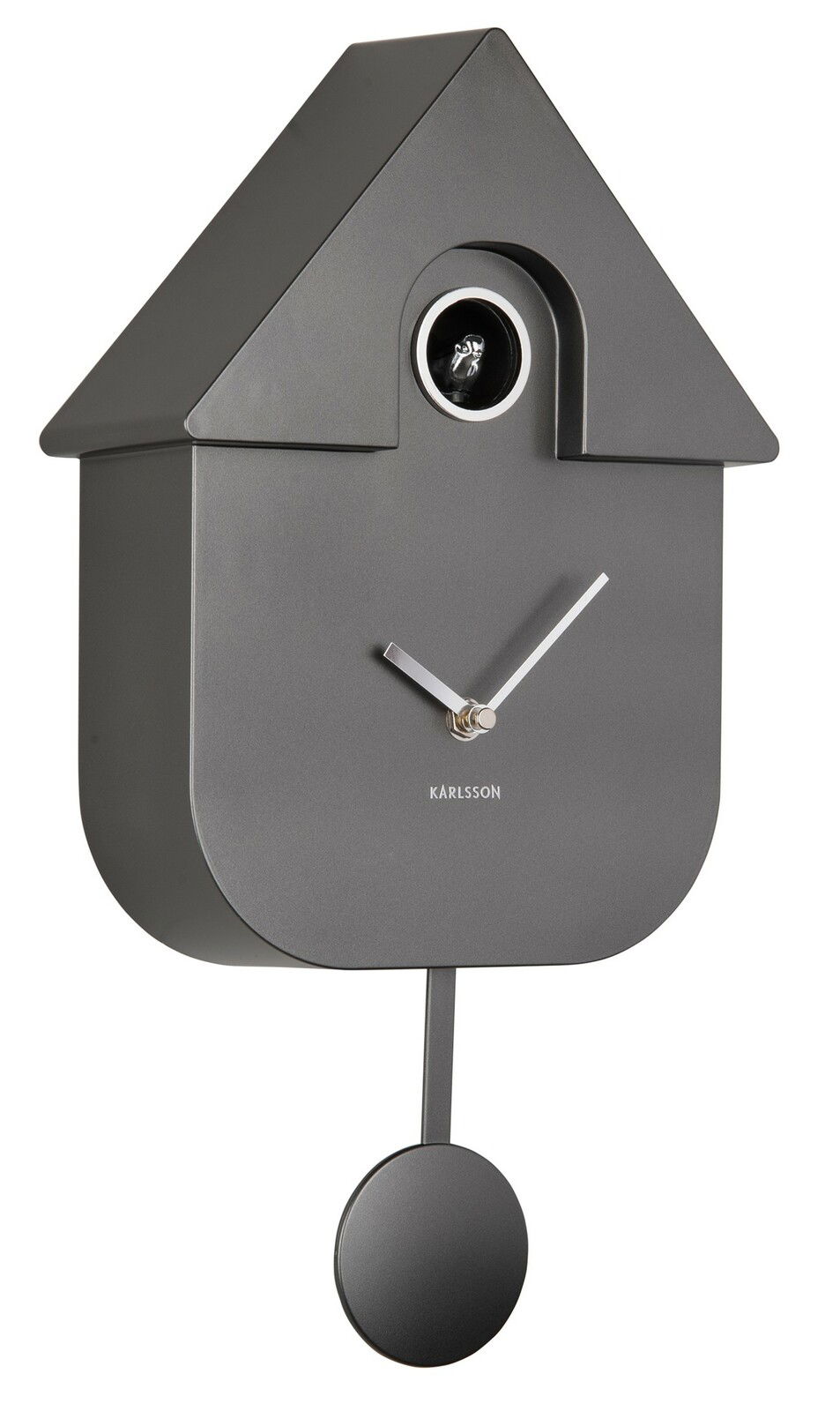 Moderne Wanduhr in Form eines Vogelhauses mit Pendel, seitliche Perspektive