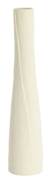 Hohe, schlanke Vase mit rauer, cremefarbener Oberfläche, frontal abgebildet.