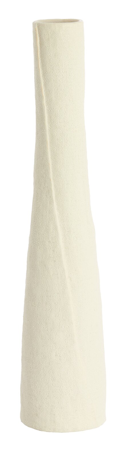 Hohe, schlanke Vase mit rauer, cremefarbener Oberfläche, frontal abgebildet.