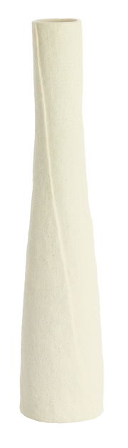 Hohe, schlanke Vase mit rauer, cremefarbener Oberfläche, frontal abgebildet.