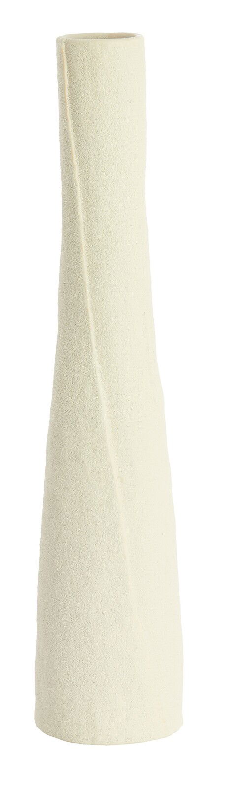 Hohe, schlanke Vase mit rauer, cremefarbener Oberfläche, frontal abgebildet.