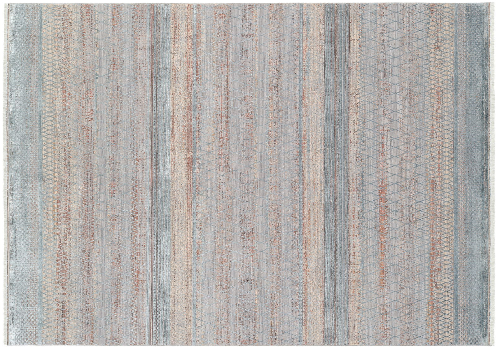 OCI Designer Teppich FARBEN MASTER Vogelperspektive auf einen Designer-Teppich mit einem Muster aus blauen und roten Streifen und geometrischen Formen.