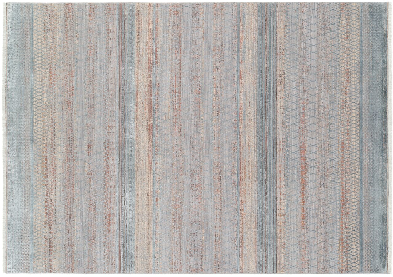 Vogelperspektive auf einen Designer-Teppich mit einem Muster aus blauen und roten Streifen und geometrischen Formen.