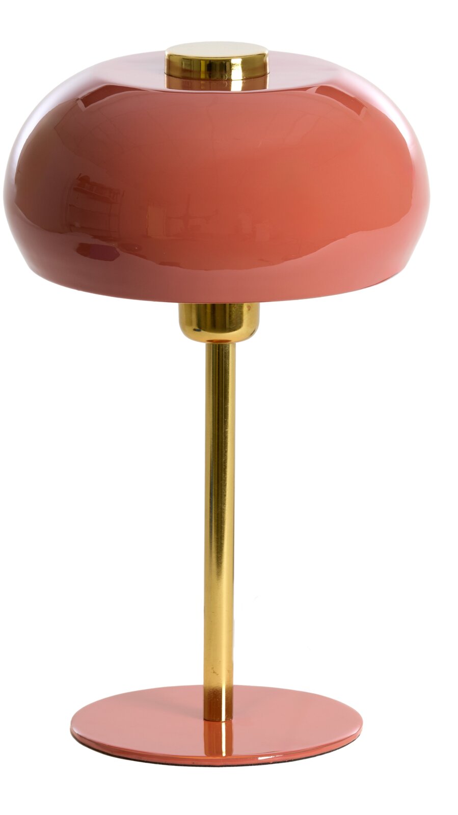 Elegante Tischleuchte mit rosafarbenem Schirm und goldfarbenem Ständer, seitliche Perspektive