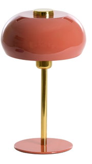 Elegante Tischleuchte mit rosafarbenem Schirm und goldfarbenem Ständer, seitliche Perspektive