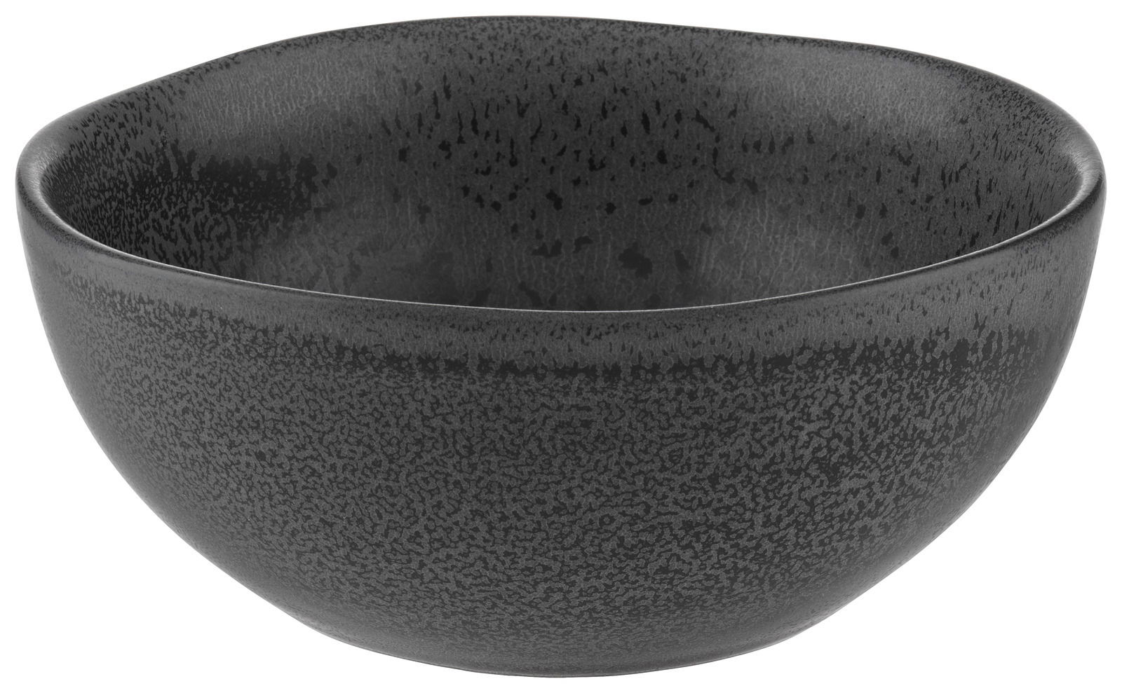 Schwarze Schale mit gesprenkeltem Muster, seitliche Perspektive