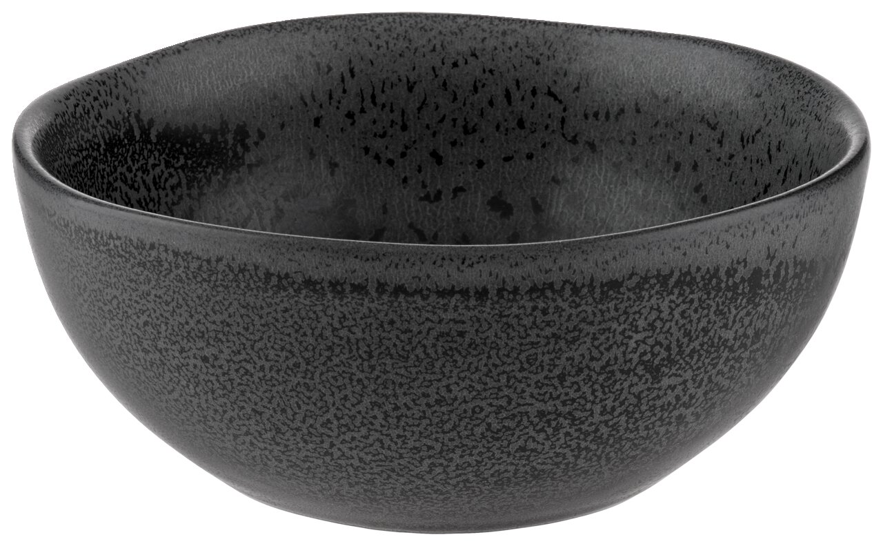 Schwarze Schale mit gesprenkeltem Muster, seitliche Perspektive