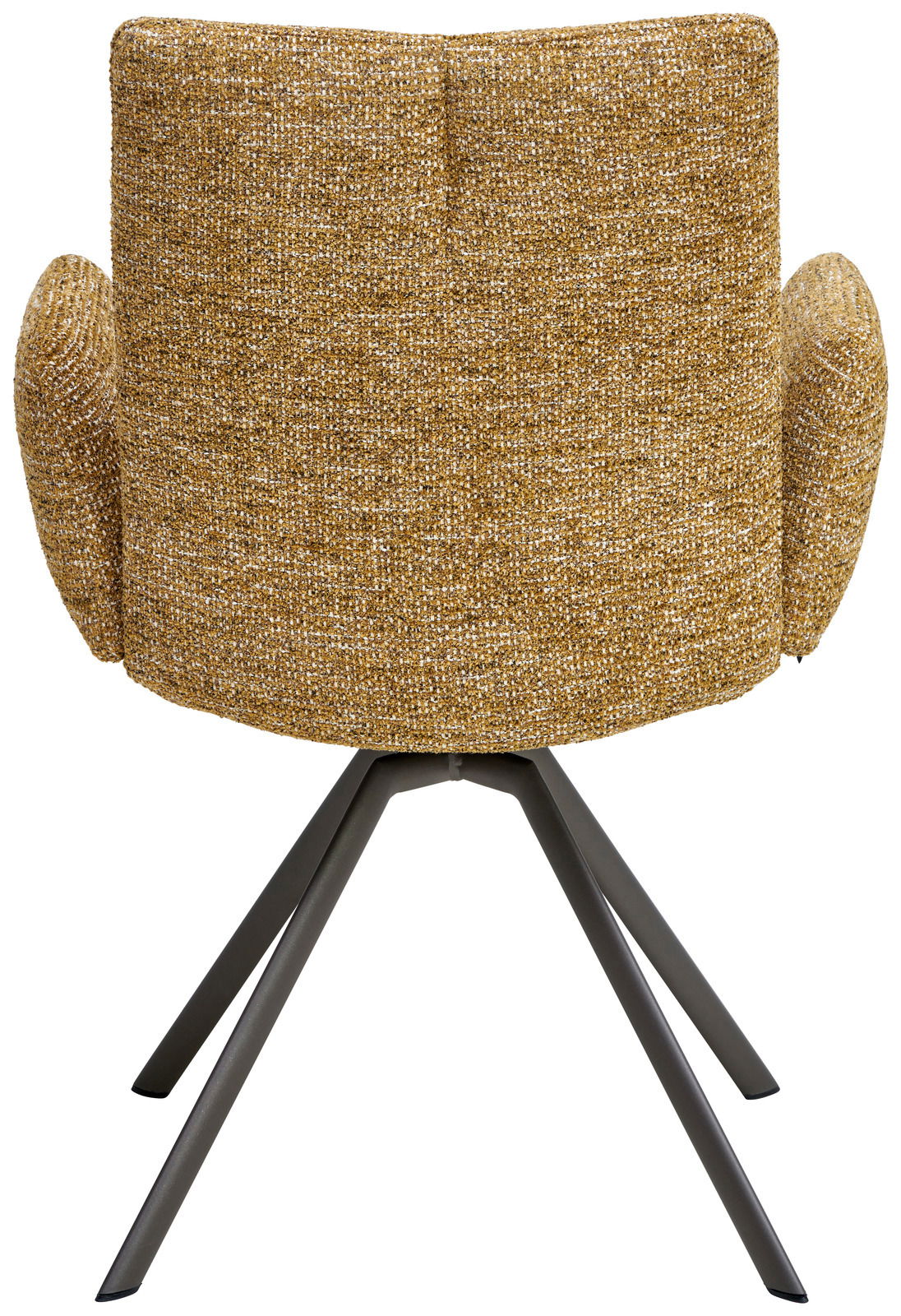 Rückansicht eines Armlehnstuhls mit senfgelbem Stoffbezug und schwarzen Metallbeinen.