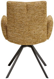 Rückansicht eines Armlehnstuhls mit senfgelbem Stoffbezug und schwarzen Metallbeinen.