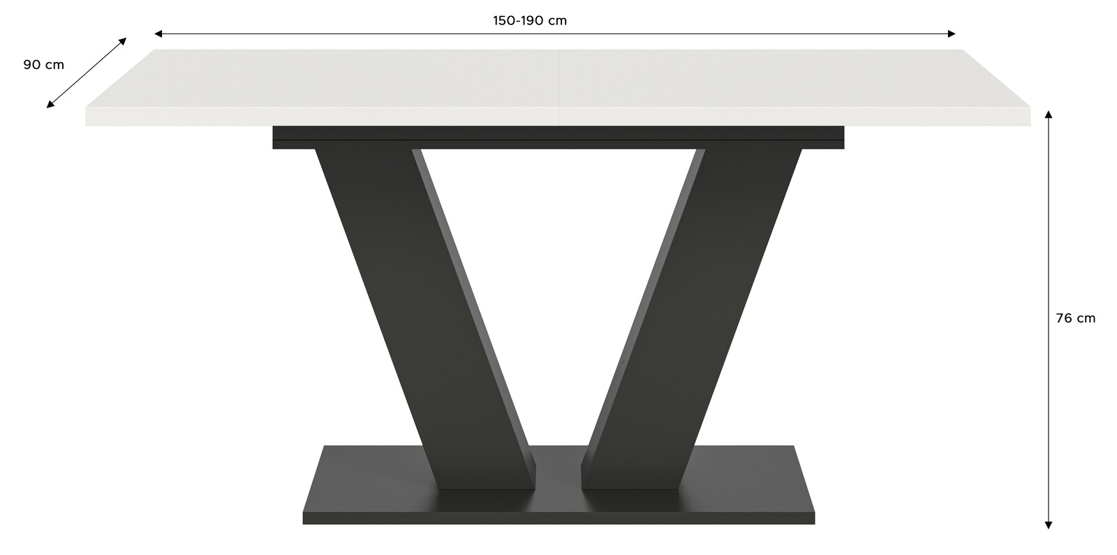 Moderner Esstisch mit weißer Tischplatte und schwarzem V-förmigem Gestell, seitliche Perspektive.