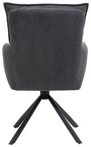 Rückansicht eines Sessels mit grauem, geripptem Stoffbezug und schwarzem Metallgestell.