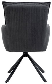 Rückansicht eines Sessels mit grauem, geripptem Stoffbezug und schwarzem Metallgestell.