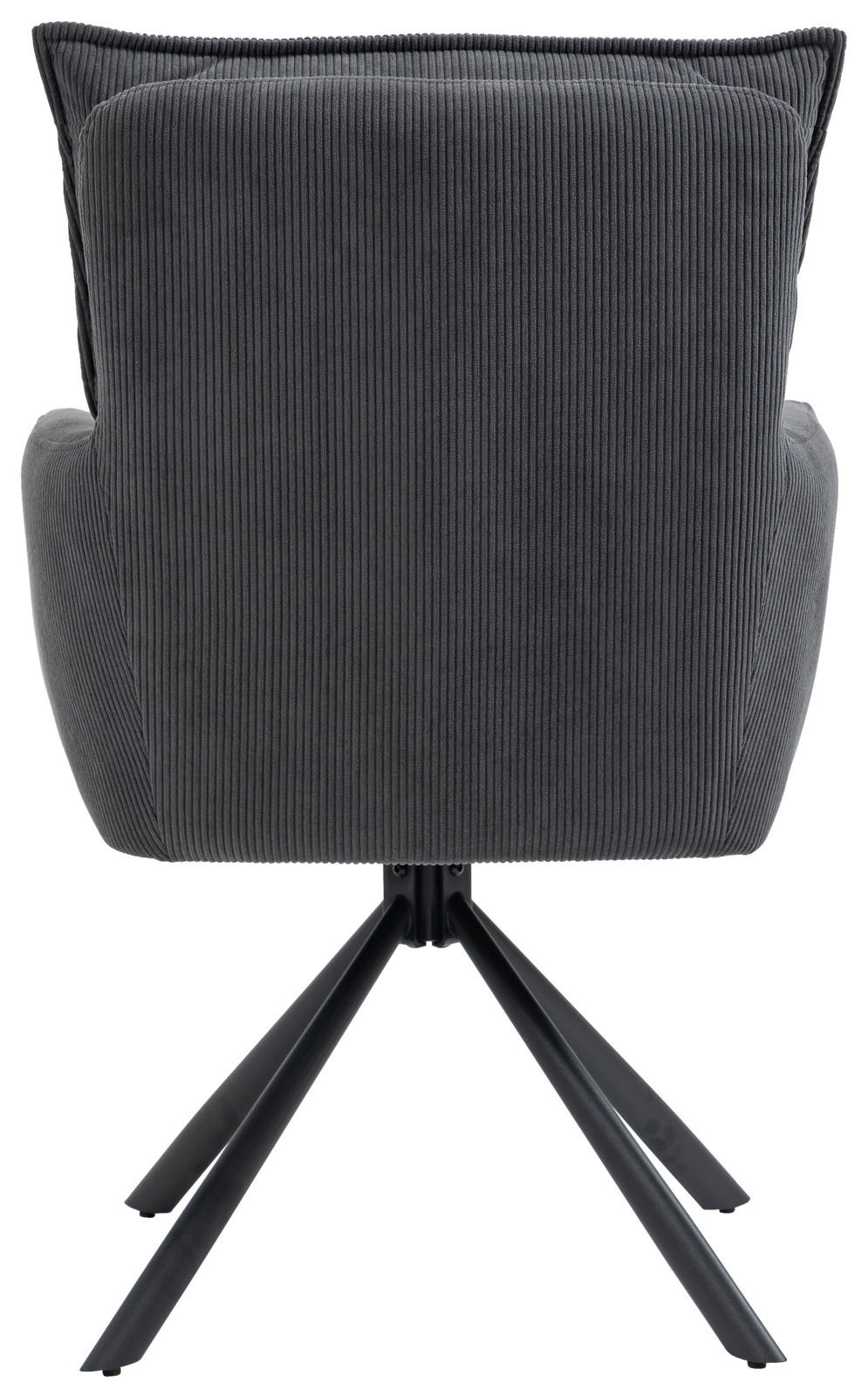 Rückansicht eines Sessels mit grauem, geripptem Stoffbezug und schwarzem Metallgestell.