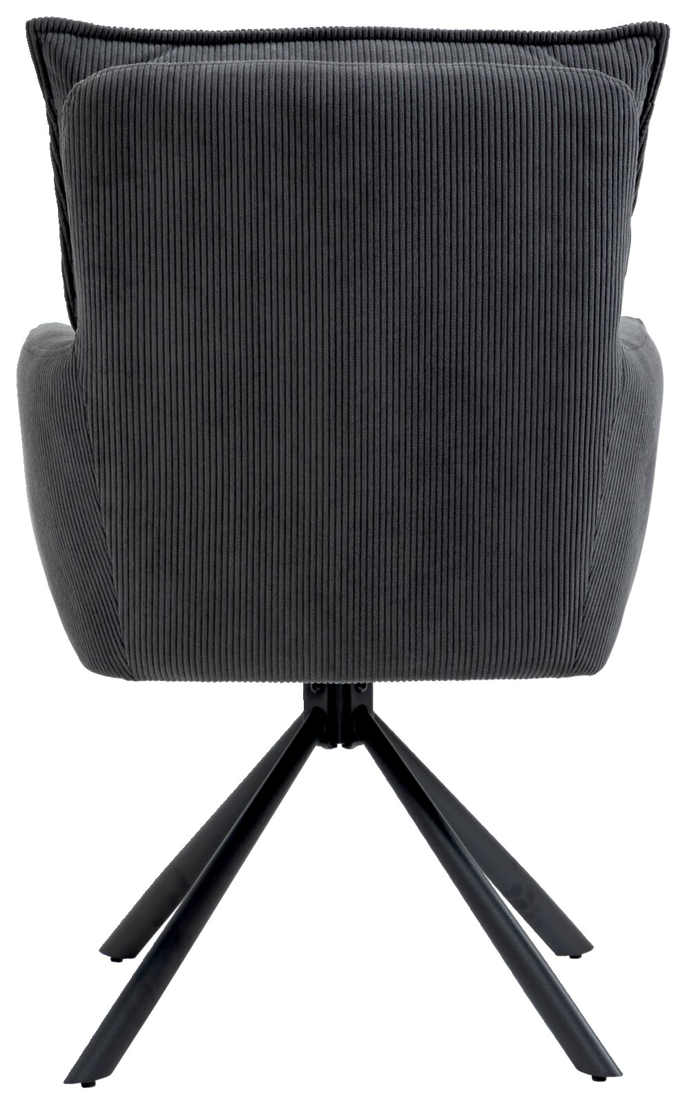 Achterkant van een fauteuil met een grijze, geribbelde stoffen bekleding en een zwart metalen frame.