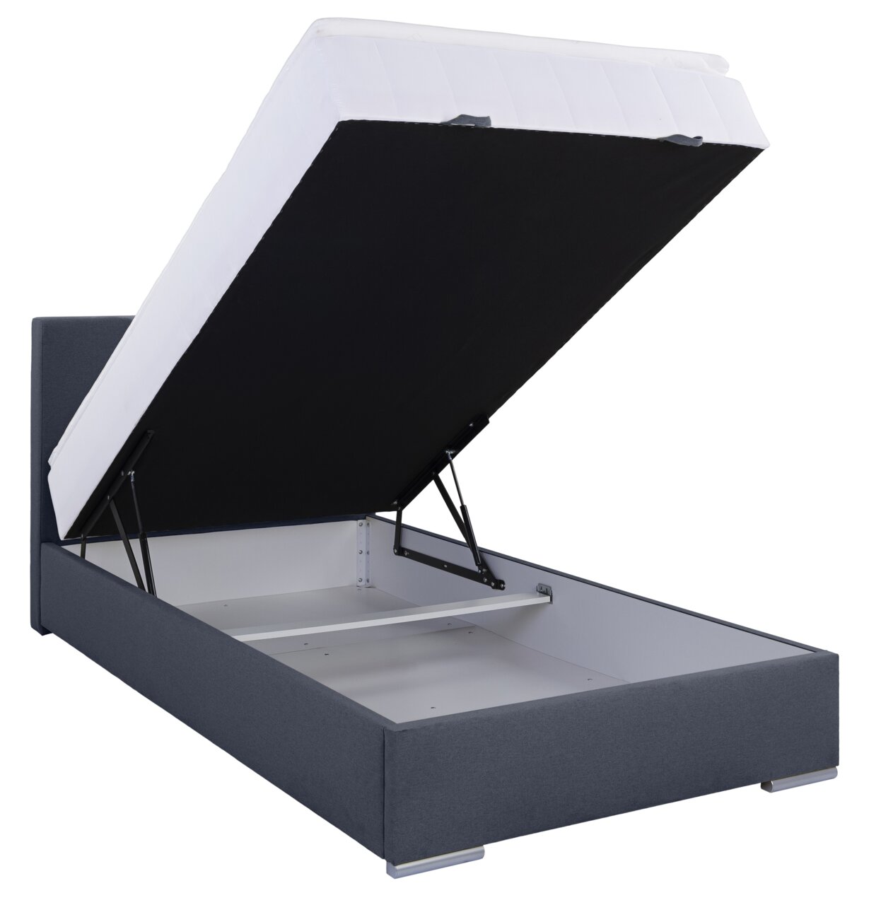 Boxbett 120 mit geöffnetem Stauraum, seitliche Perspektive