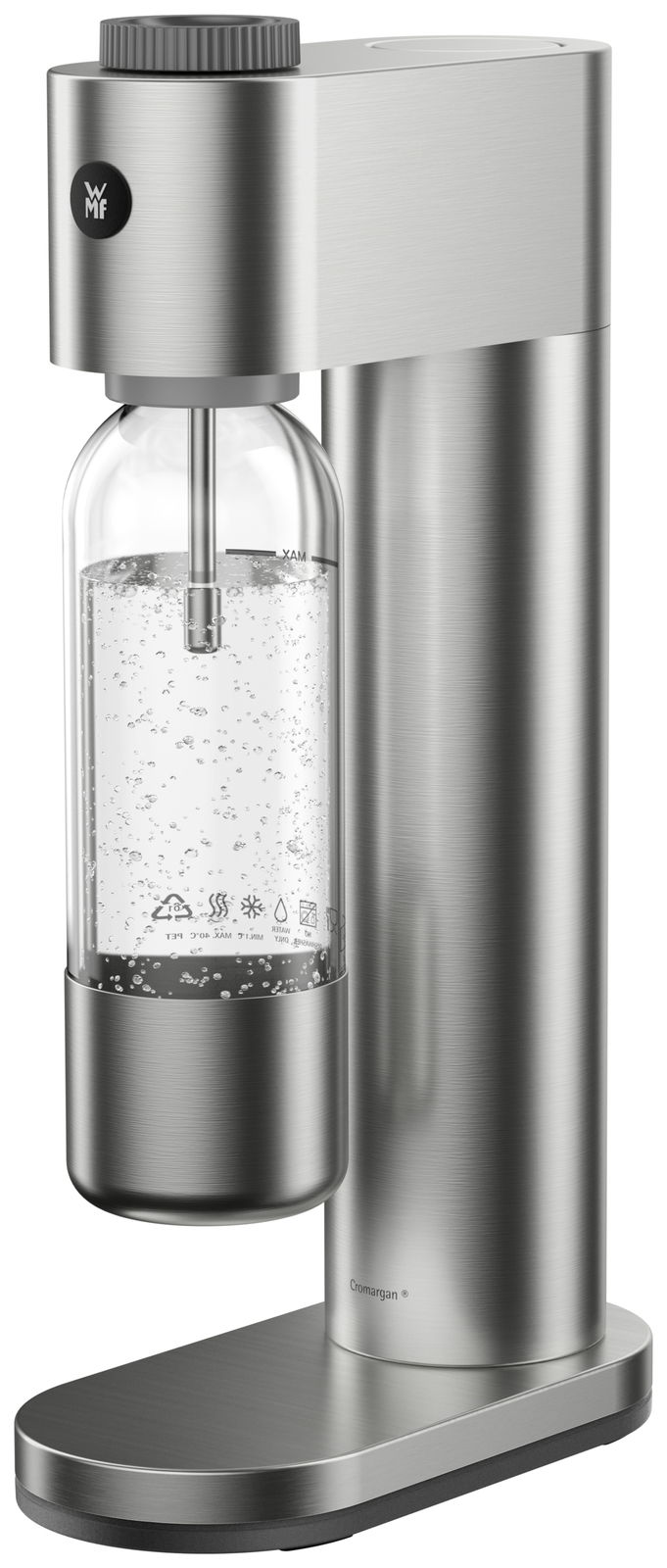 Wassersprudler STEEL aus gebürstetem Edelstahl, seitliche Perspektive mit eingesetzter Flasche und sprudelndem Wasser.