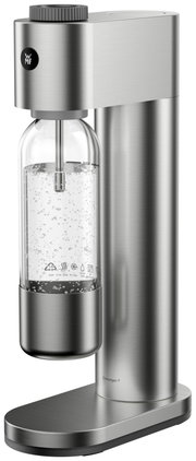 STEEL-waterbruisapparaat van geborsteld roestvrij staal, zijaanzicht met geplaatste fles en bruisend water.