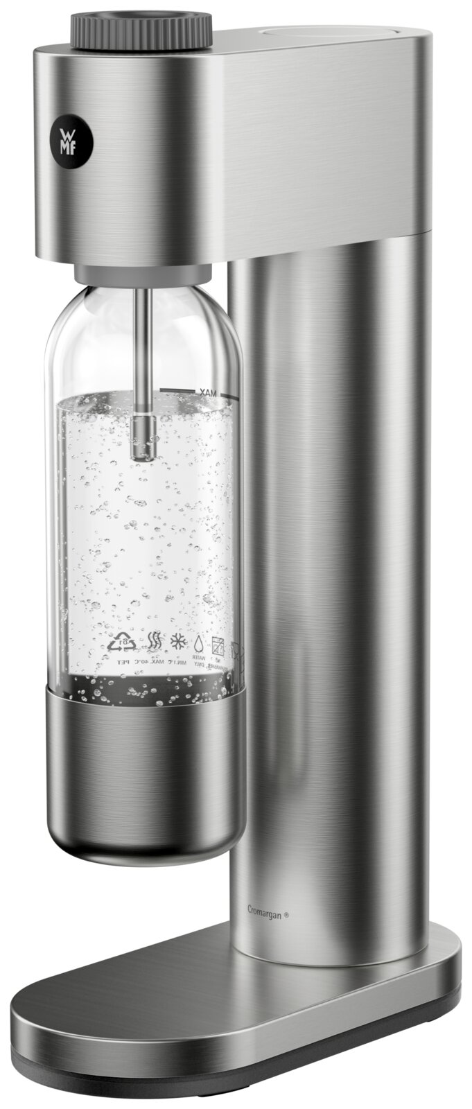 STEEL-waterbruisapparaat van geborsteld roestvrij staal, zijaanzicht met geplaatste fles en bruisend water.