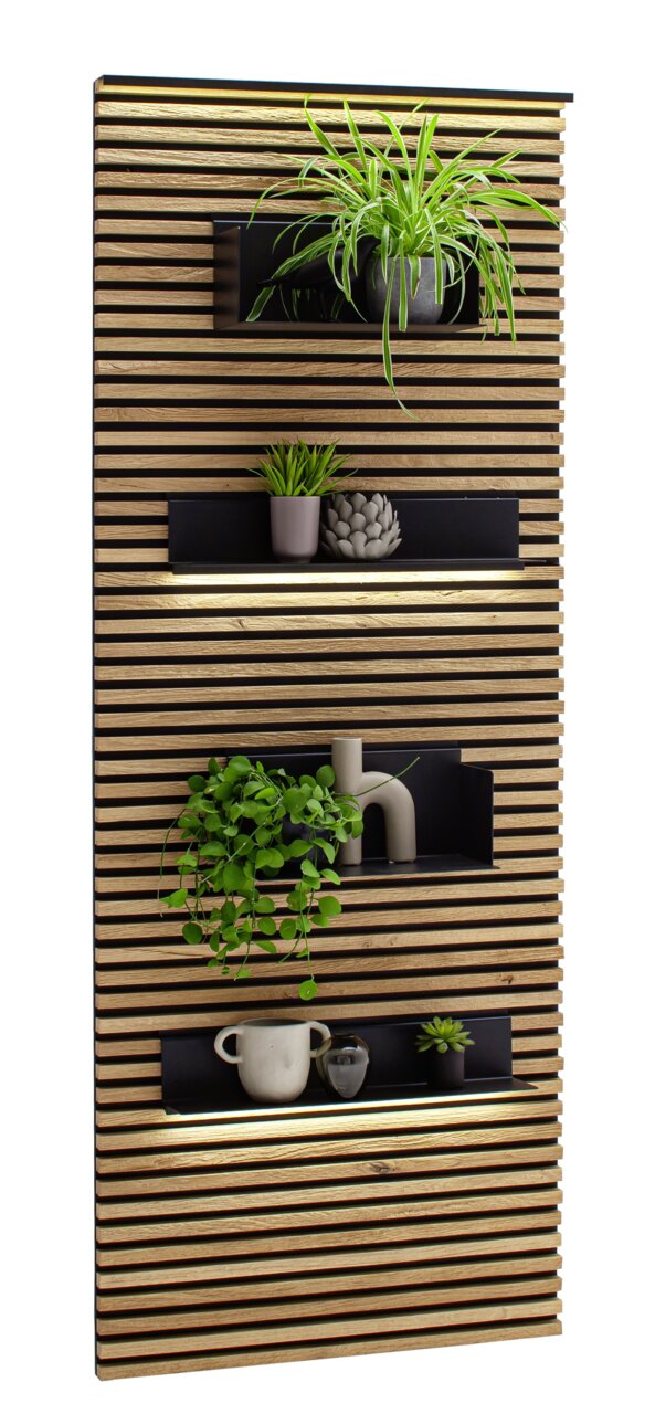 Schöner Wohnen Lamellen-Paneel YONNA Lamellen-Paneel mit Pflanzen und Dekorationen in Regalen, seitliche Perspektive