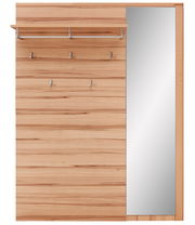 Frontale Ansicht einer Garderobenkombination aus Holz mit mehreren Haken, einem Regalbrett und einem großen Spiegel auf der rechten Seite.