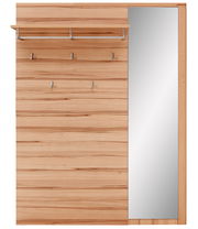 Frontale Ansicht einer Garderobenkombination aus Holz mit mehreren Haken, einem Regalbrett und einem großen Spiegel auf der rechten Seite.