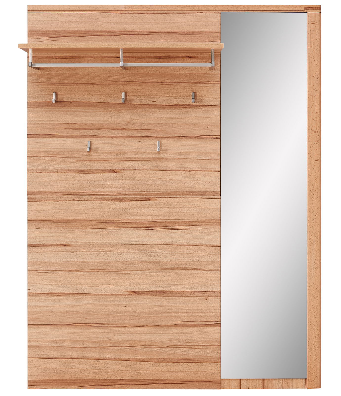 Frontale Ansicht einer Garderobenkombination aus Holz mit mehreren Haken, einem Regalbrett und einem großen Spiegel auf der rechten Seite.