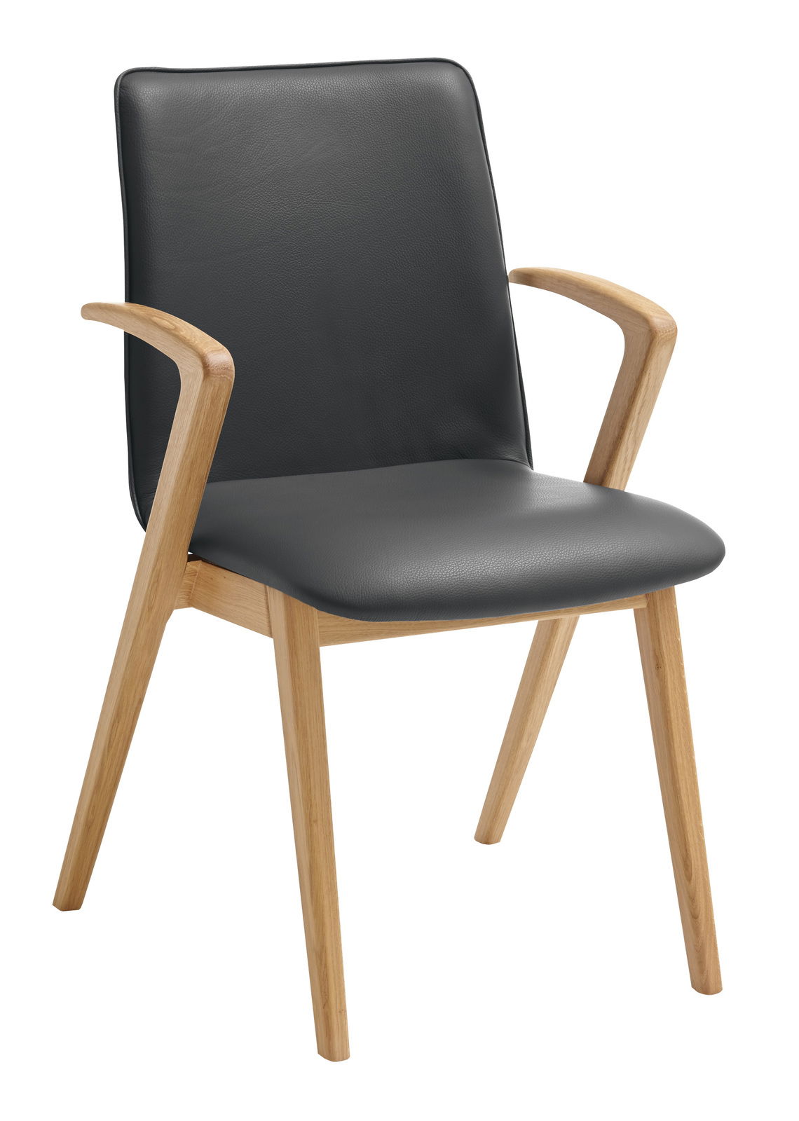 Moderner Sessel mit schwarzem Lederbezug und Holzarmlehnen, seitliche Perspektive