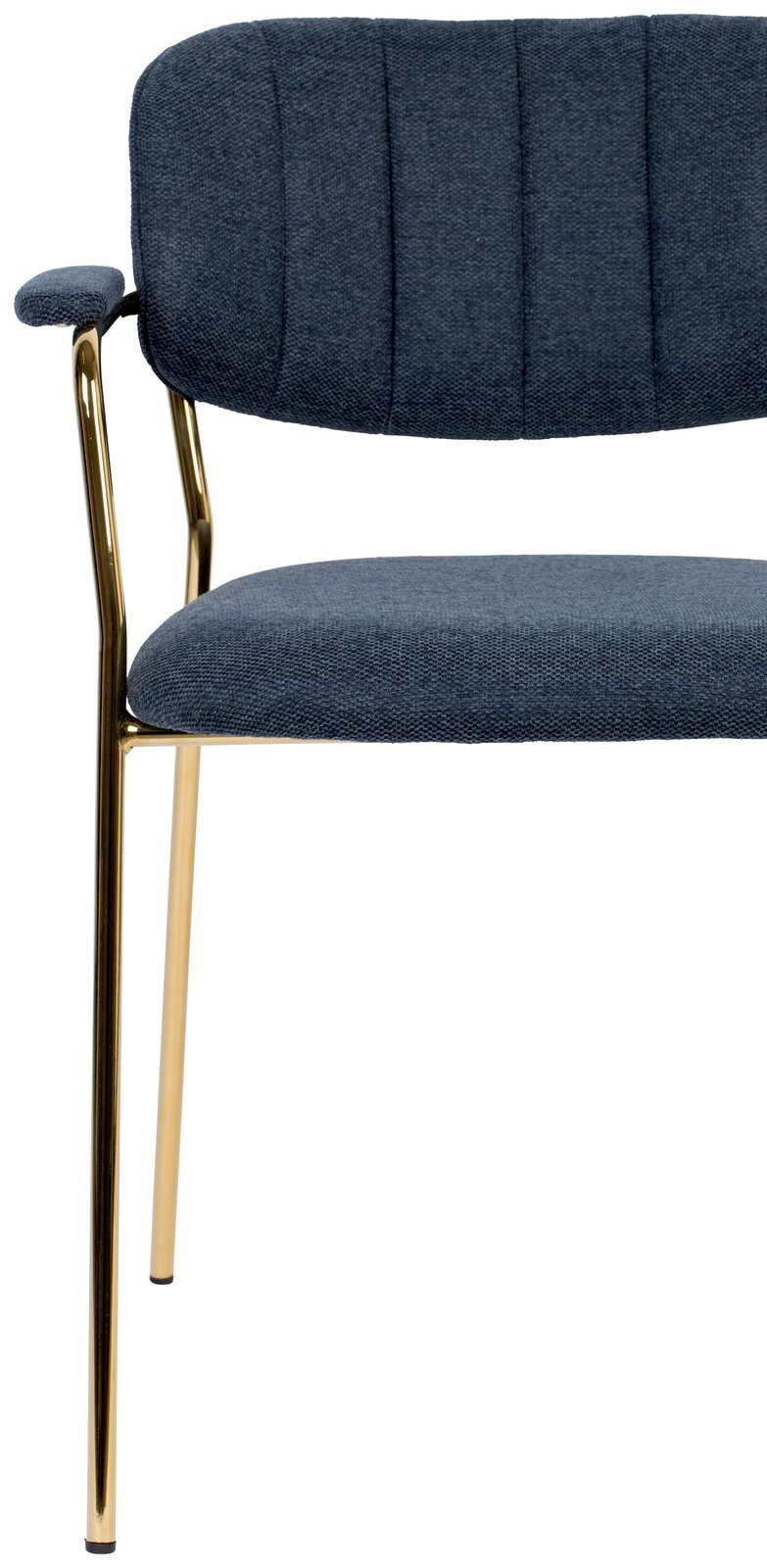 Armlehnenstuhl mit blauem Stoffbezug und goldenen Metallbeinen, seitliche Perspektive