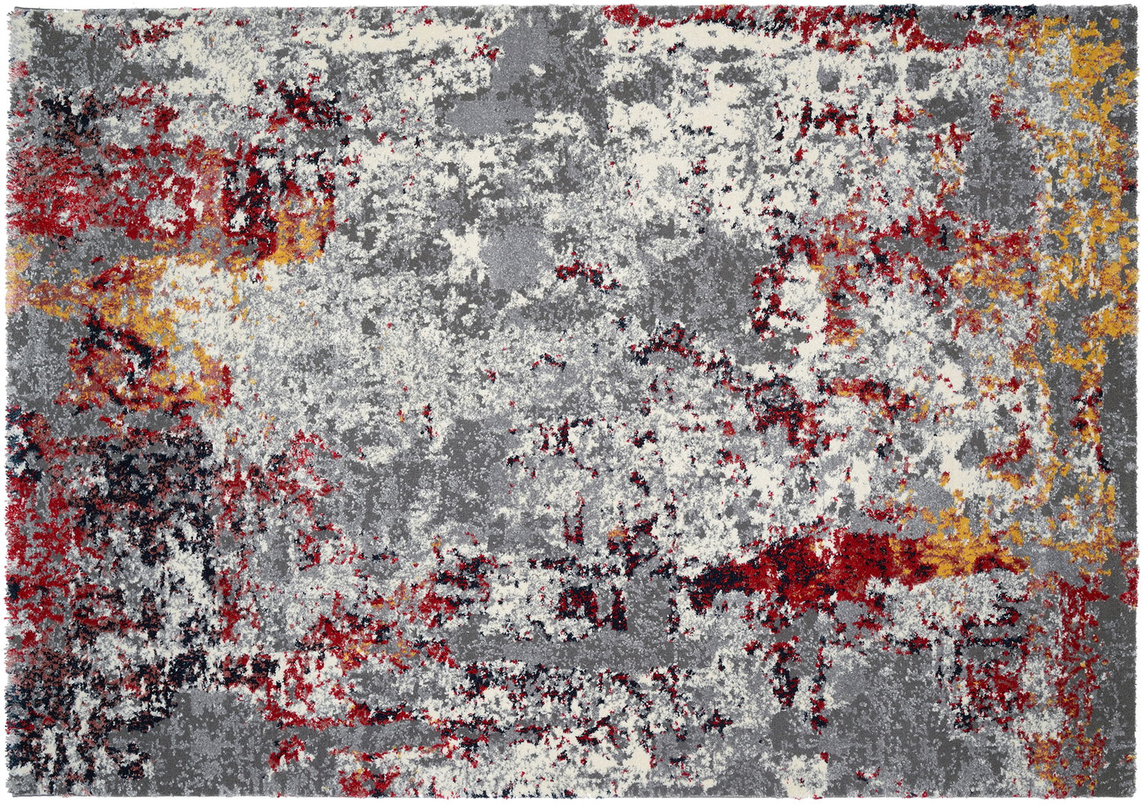 Moderner Designer-Teppich mit abstraktem Muster in Grau, Rot und Gelb, aus der Vogelperspektive fotografiert.