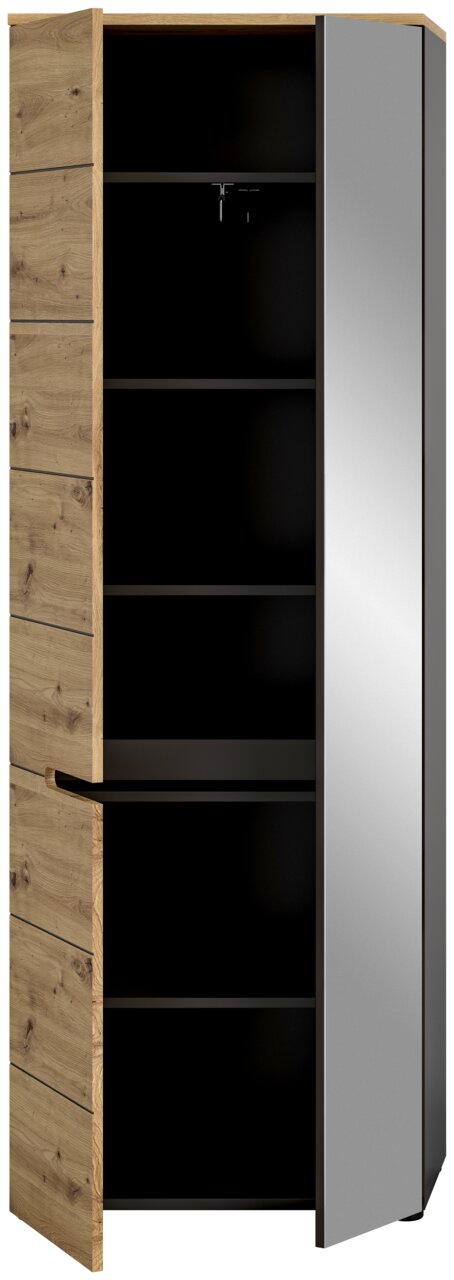 Garderobenschrank mit Holzelementen und Spiegeltür, offene Perspektive von vorne
