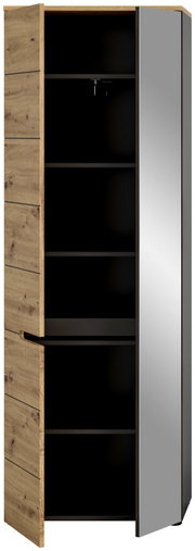 Garderobenschrank mit Holzelementen und Spiegeltür, offene Perspektive von vorne