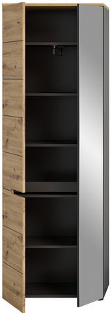 Garderobenschrank mit Holzelementen und Spiegeltür, offene Perspektive von vorne