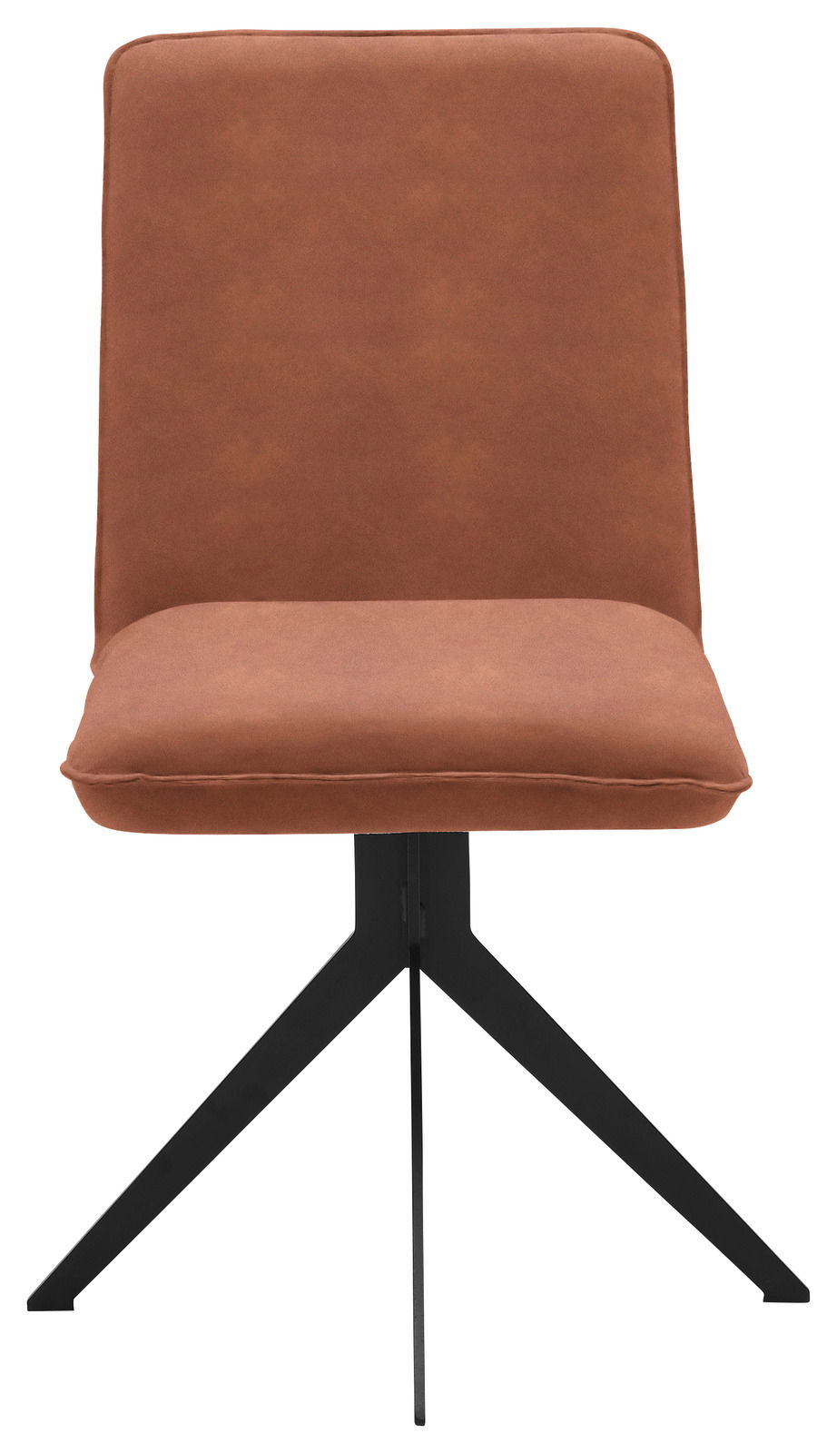 Moderner brauner Stuhl mit schwarzem Metallgestell, Frontalansicht