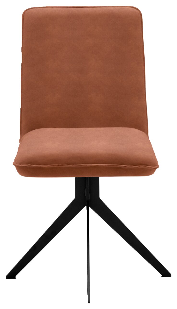 Moderner brauner Stuhl mit schwarzem Metallgestell, Frontalansicht