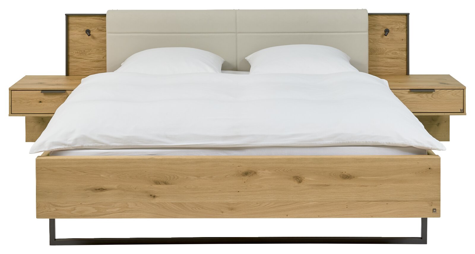 Modernes Doppelbett aus Holz mit integriertem Kopfteil und Nachttischen, Frontalansicht
