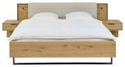 Modernes Doppelbett aus Holz mit integriertem Kopfteil und Nachttischen, Frontalansicht