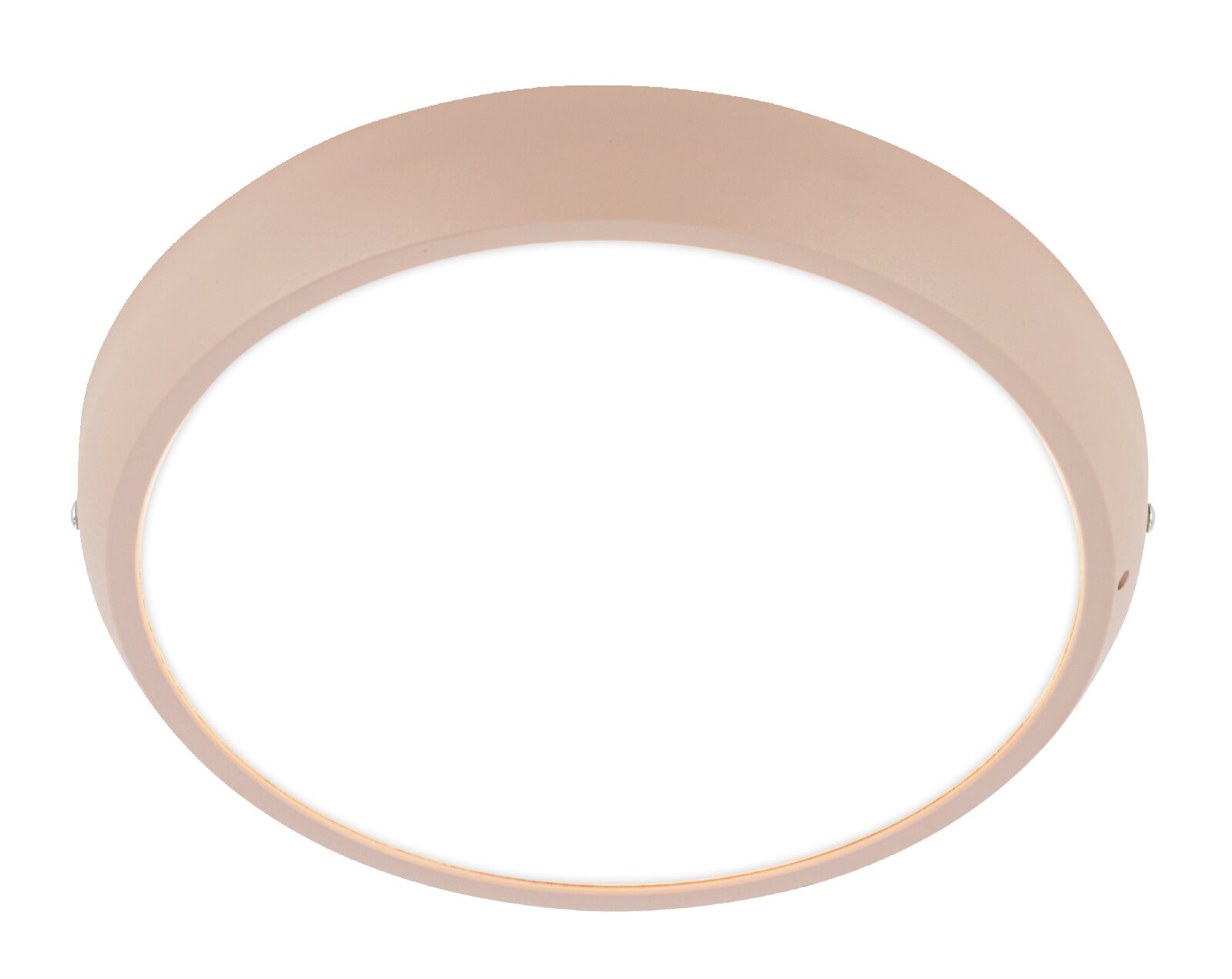 Ronde plafondlamp met witte diffuser en beige behuizing, frontaal van onderen gezien op een witte achtergrond.