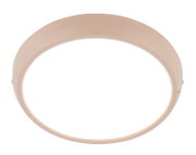 Ronde plafondlamp met witte diffuser en beige behuizing, frontaal van onderen gezien op een witte achtergrond.