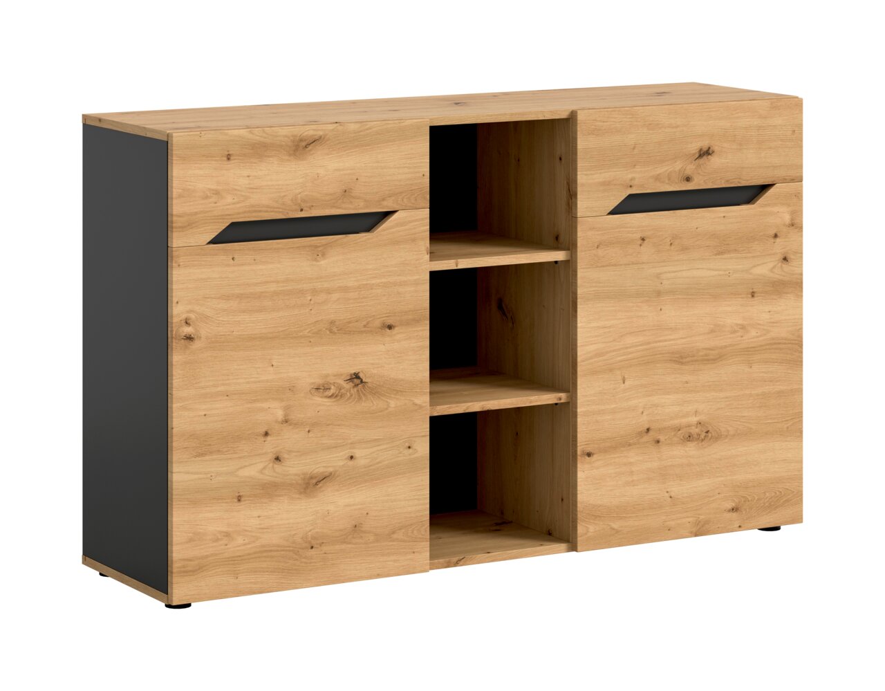 Moderne Holzkommode in Eiche-Optik mit zwei Schubladen, mittigem offenen Regal und schwarzen Griffleisten, freigestellt auf weißem Hintergrund, Ansicht schräg von vorn