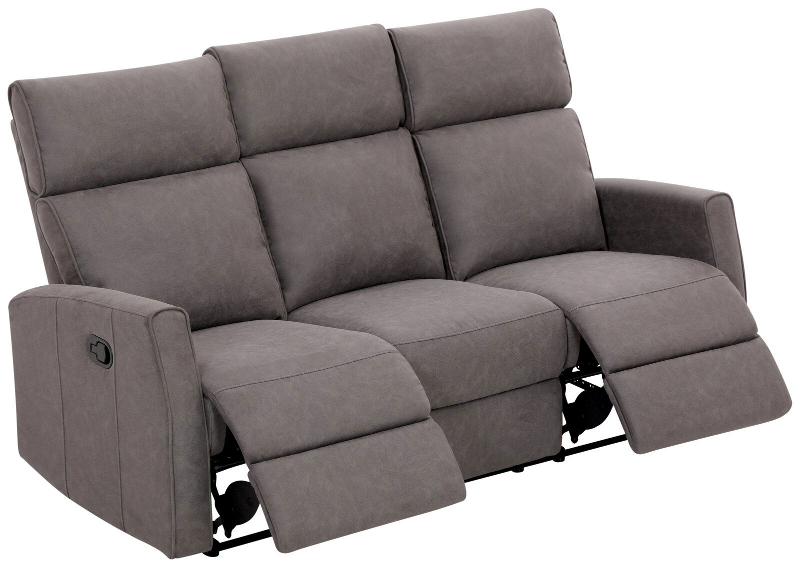 Graues 3-Sitzer-Sofa mit verstellbaren Fußstützen, seitliche Perspektive