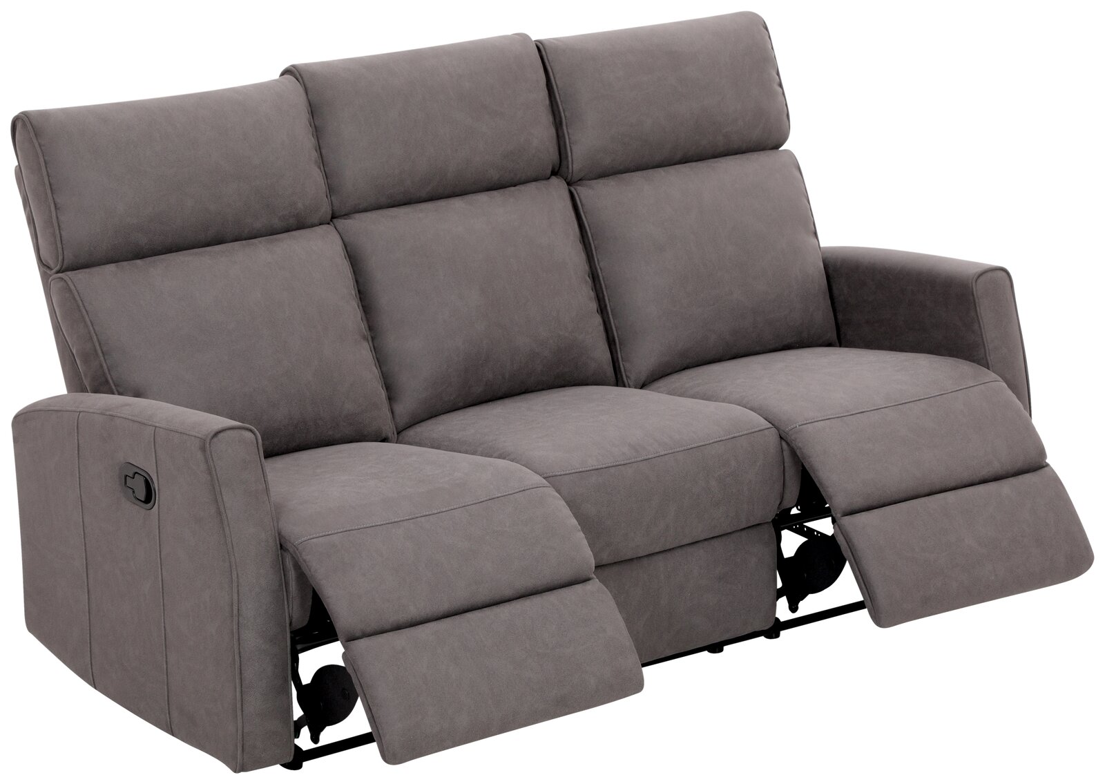 Graues 3-Sitzer-Sofa mit verstellbaren Fußstützen, seitliche Perspektive