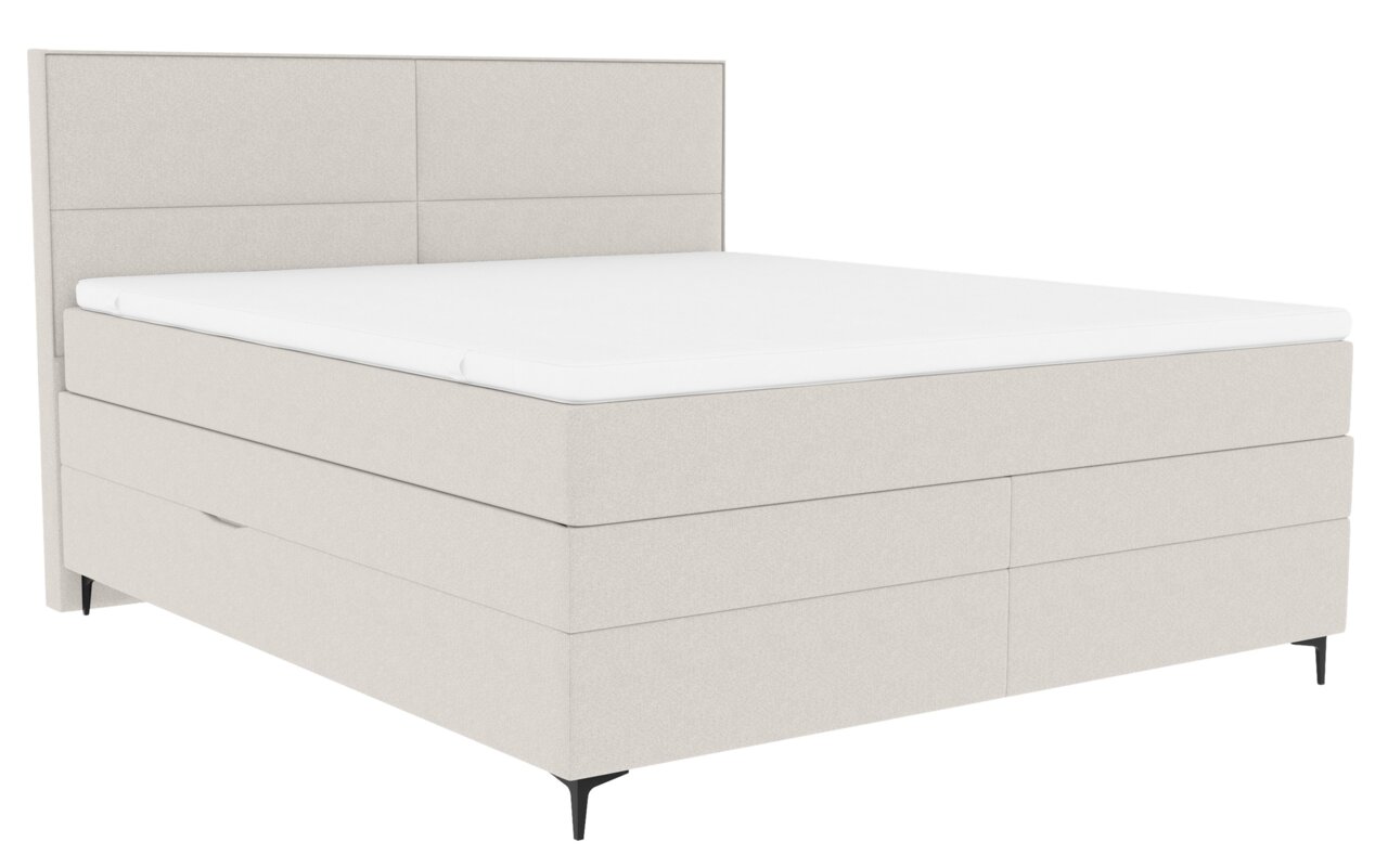 Boxspringbett in hellem Stoffbezug, seitliche Perspektive, mit hohem Kopfteil und eleganten schwarzen Füßen.
