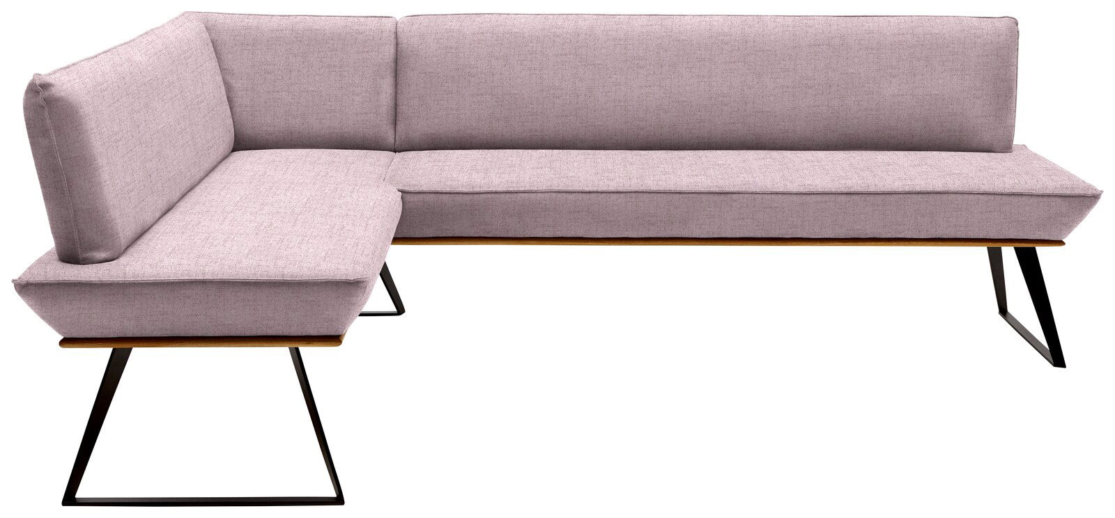 Voleo Eckbank 183x243 cm MALIBU Eckbank mit hellgrauem Stoffbezug und schwarzen Metallbeinen, seitliche Perspektive