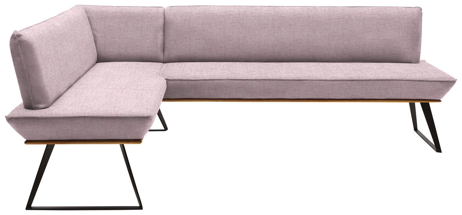 Voleo Eckbank 183x243 cm MALIBU Eckbank mit hellgrauem Stoffbezug und schwarzen Metallbeinen, seitliche Perspektive