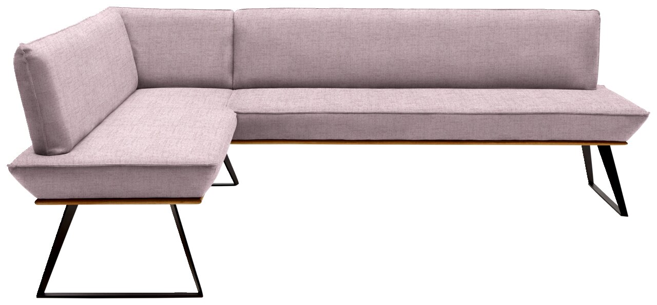 Voleo Eckbank 183x243 cm MALIBU Eckbank mit hellgrauem Stoffbezug und schwarzen Metallbeinen, seitliche Perspektive